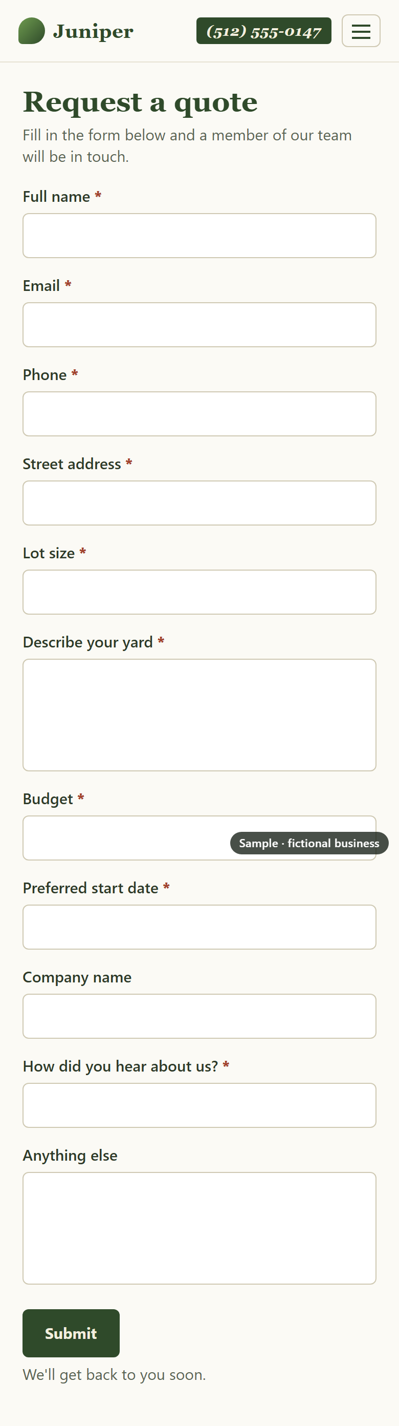 Quote form on a phone